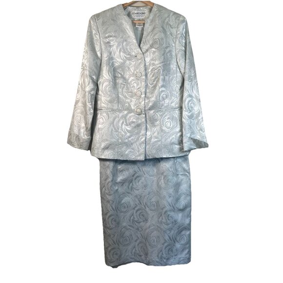 St Anthony Anthony Sicari Women’s Two-piece Skirt Suit Size 8 Silver Embossed - Picture 1 of 16